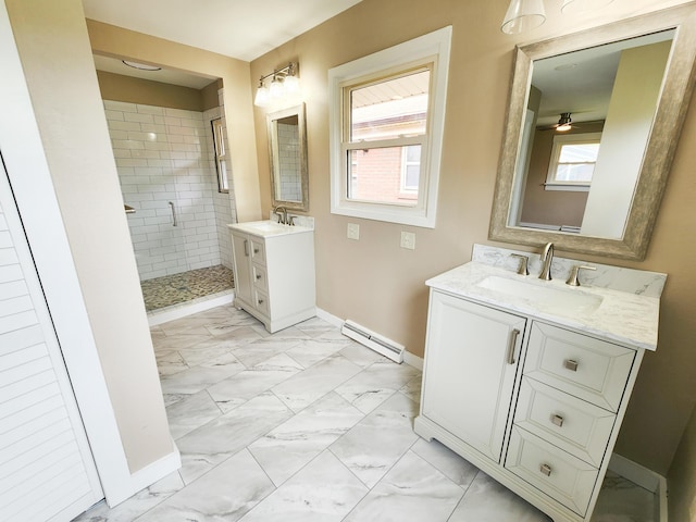 1322 S David Ave, Covington, VA 24426 - bathroom featuring marble finish floor, a stall shower, a sink, baseboards, and baseboard heating