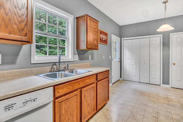 1920 Connors Ct, Salem, VA 24153 - kitchen featuring dishwasher, a sink, decorative light fixtures, light countertops, and brown cabinetry