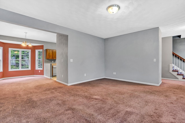 1920 Connors Ct, Salem, VA 24153 - unfurnished living room with light carpet, a chandelier, baseboards, and stairway