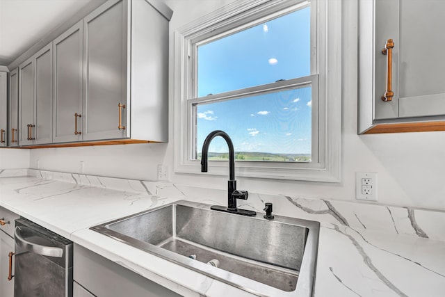 2288 Mud Pike Rd, Christiansburg, VA 24073 - kitchen featuring stainless steel dishwasher, gray cabinetry, a sink, and plenty of natural light