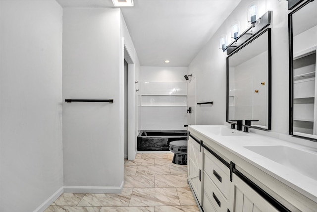 2288 Mud Pike Rd, Christiansburg, VA 24073 - bathroom with double vanity, baseboards, marble finish floor, and a sink