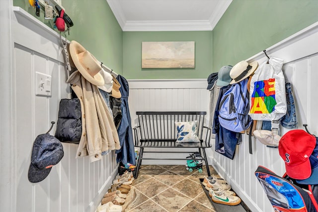 mudroom featuring wainscoting and ornamental molding