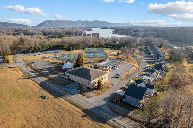 birds eye view of property with a water and mountain view