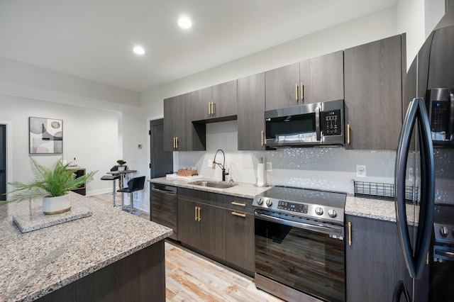 kitchen featuring a sink, stainless steel appliances, light wood-style flooring, backsplash, and light stone countertops