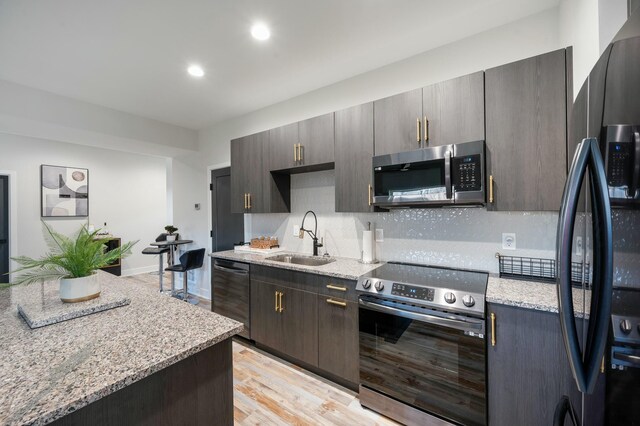 101 Retreat Ln, Huddleston, VA 24104 - kitchen featuring a sink, stainless steel appliances, light wood-style flooring, backsplash, and light stone countertops