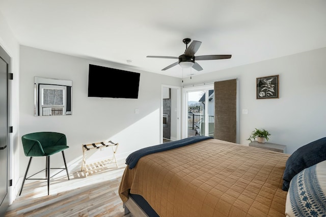 bedroom featuring ceiling fan, baseboards, access to exterior, and light wood-type flooring