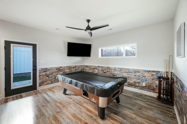 recreation room with wainscoting, visible vents, wood finished floors, ceiling fan, and pool table