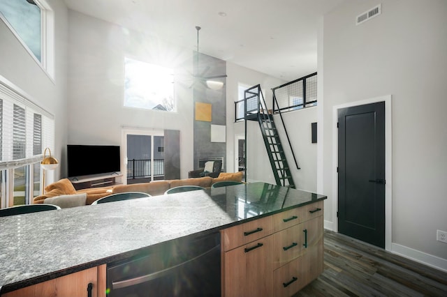 kitchen with visible vents, a high ceiling, dark wood-style floors, and a healthy amount of sunlight
