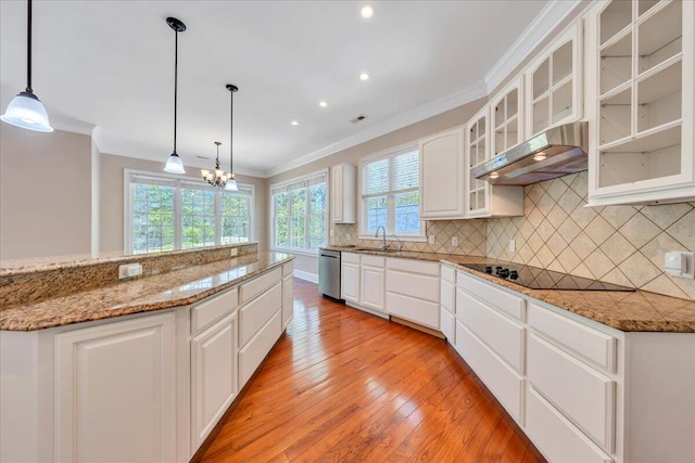 kitchen with a sink, light wood-type flooring, crown molding, ventilation hood, and dishwasher