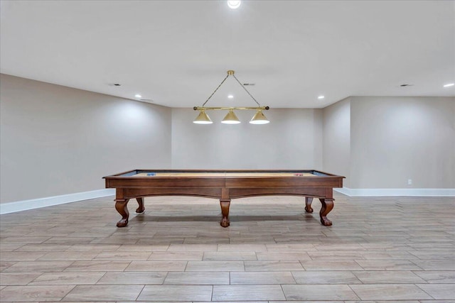 recreation room with baseboards, recessed lighting, light wood-style floors, and pool table
