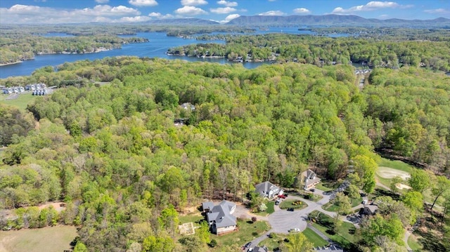 birds eye view of property with a water and mountain view and a view of trees