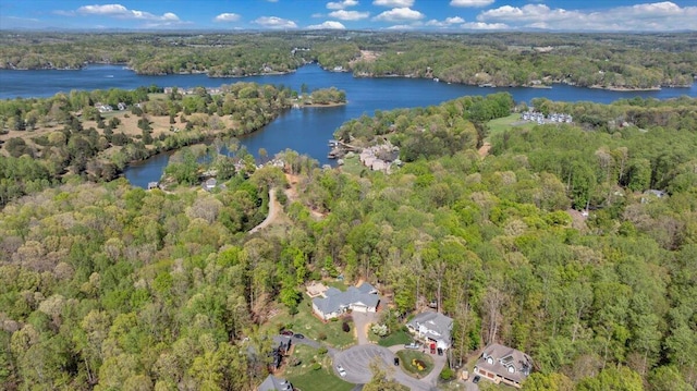 bird's eye view with a water view and a forest view