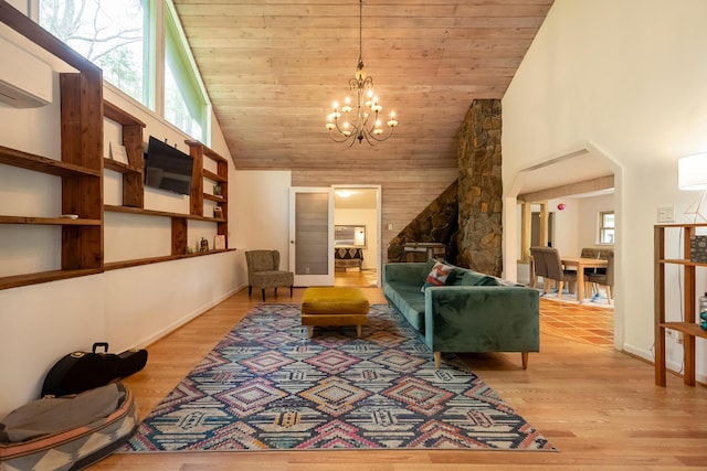 living room featuring high vaulted ceiling, an inviting chandelier, light wood-style floors, and wooden ceiling