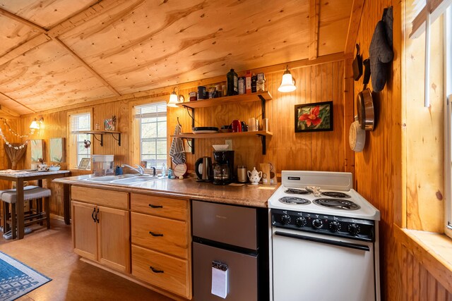 kitchen with white range with electric cooktop, open shelves, wooden ceiling, and wood walls