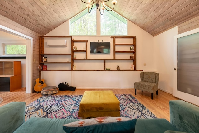 living area featuring lofted ceiling, wood finished floors, a wall unit AC, and wood ceiling