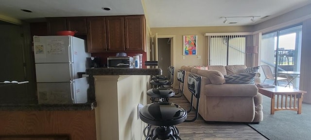 100 Sailors Cove Dr Unit 1319, Moneta, VA 24121 - kitchen with stainless steel microwave, light wood-style flooring, dark countertops, freestanding refrigerator, and rail lighting