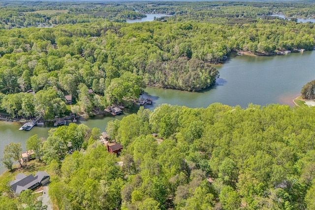 drone / aerial view featuring a wooded view and a water view
