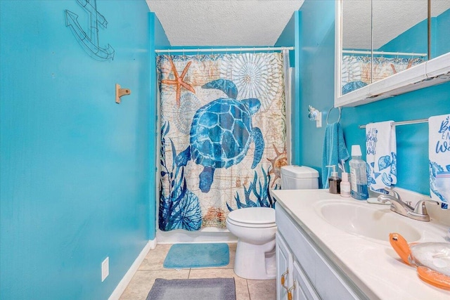 712 Baltimore Ave, Bedford, VA 24523 - full bathroom with a textured ceiling, toilet, vanity, tile patterned floors, and a shower with shower curtain