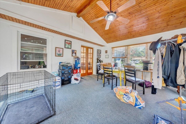 712 Baltimore Ave, Bedford, VA 24523 - carpeted office space with wood ceiling, french doors, and ceiling fan