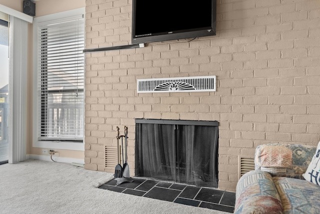 75 Dockside Cir Unit 308, Moneta, VA 24121 - details featuring visible vents, a brick fireplace, and carpet floors