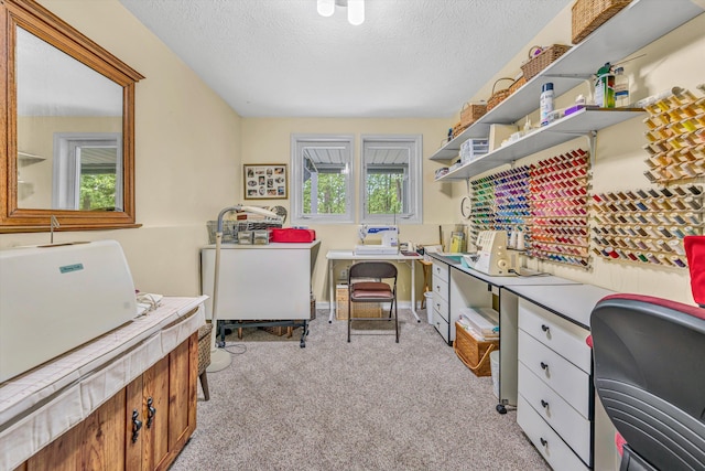 office space featuring light carpet and a textured ceiling