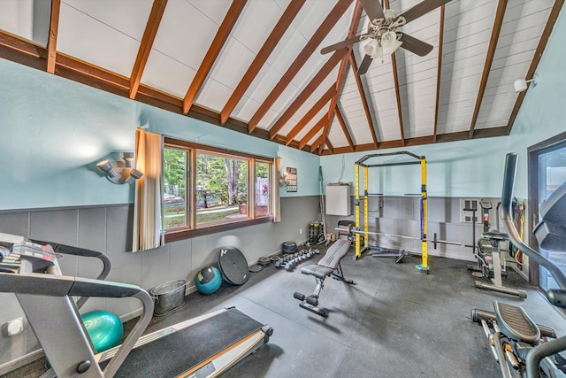 workout area with plenty of natural light, a ceiling fan, and high vaulted ceiling