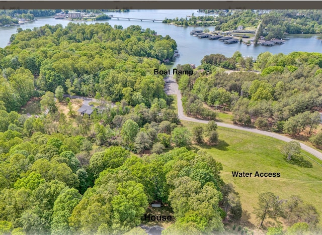 bird's eye view with a water view and a view of trees