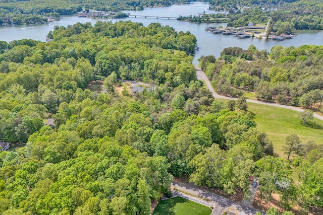 birds eye view of property with a water view and a forest view