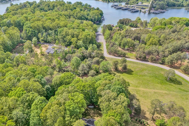 drone / aerial view with a view of trees and a water view