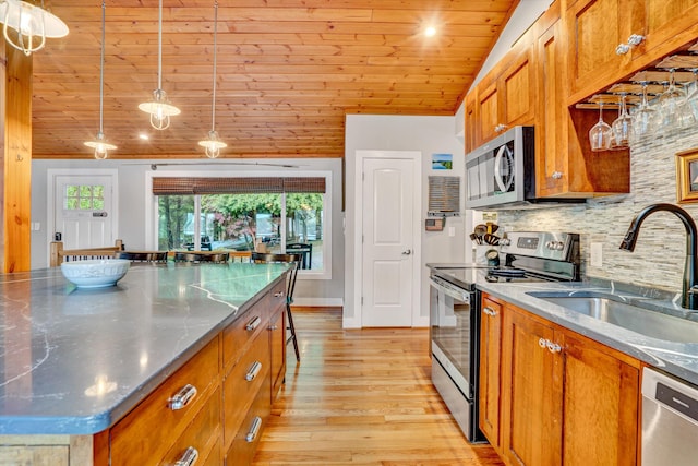 511 Autumn Ave, Huddleston, VA 24104 - kitchen with appliances with stainless steel finishes, a sink, wooden ceiling, brown cabinetry, and light wood finished floors