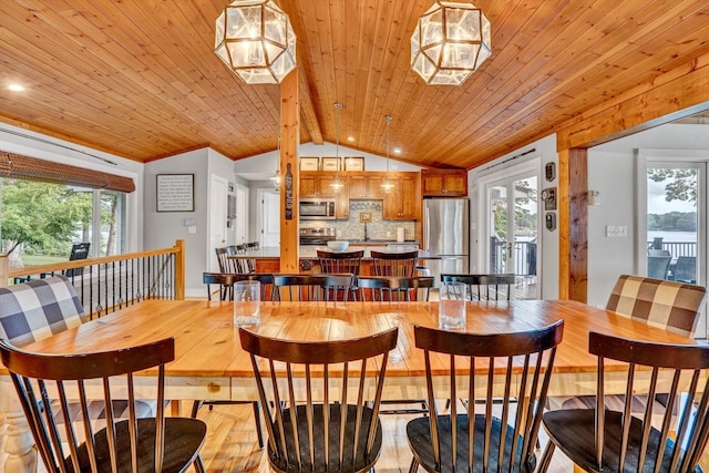 511 Autumn Ave, Huddleston, VA 24104 - dining area with vaulted ceiling, plenty of natural light, wooden ceiling, wood finished floors, and baseboards