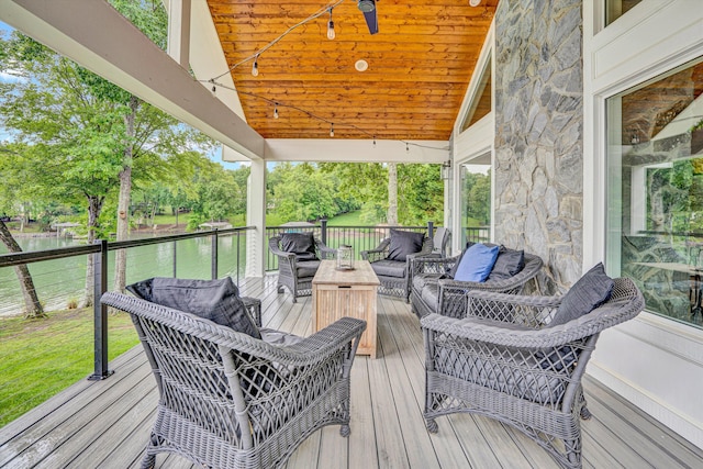 511 Autumn Ave, Huddleston, VA 24104 - wooden terrace featuring a water view, outdoor lounge area, and view of wooded area
