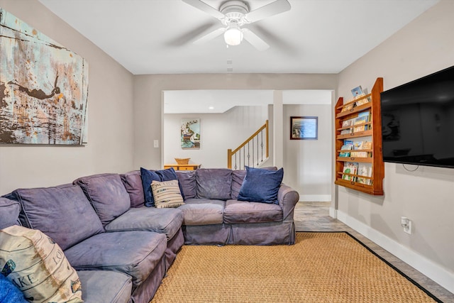 511 Autumn Ave, Huddleston, VA 24104 - living room featuring stairway, ceiling fan, and baseboards