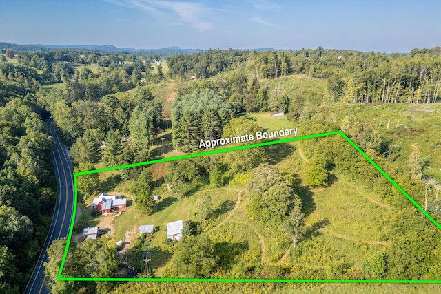 bird's eye view featuring a wooded view