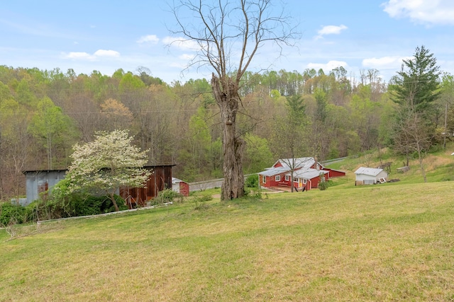 view of yard featuring an outdoor structure and a forest view