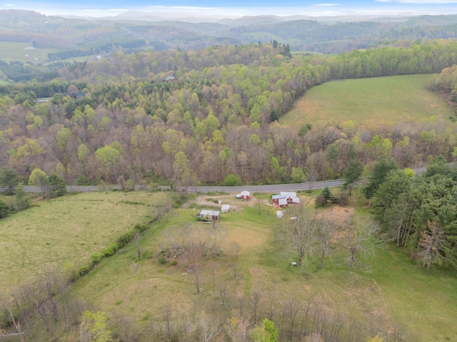 bird's eye view with a mountain view, a rural view, and a view of trees