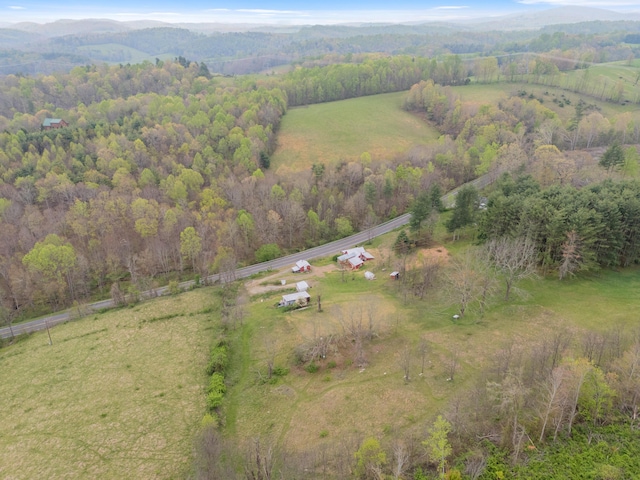 birds eye view of property featuring a mountain view, a rural view, and a forest view