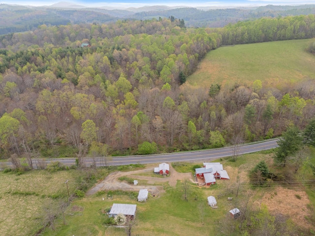 drone / aerial view with a rural view, a mountain view, and a forest view