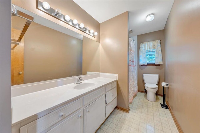 full bathroom with vanity, toilet, baseboards, tile patterned floors, and a shower with curtain