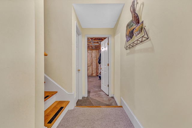 hall with baseboards and carpet