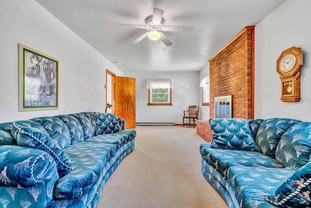 carpeted living area featuring ceiling fan and a baseboard heating unit