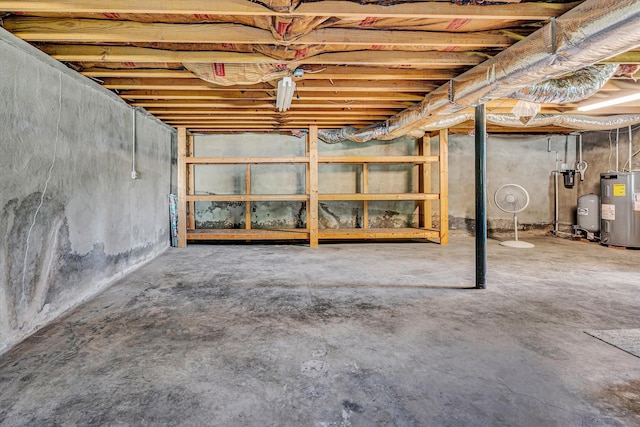 unfinished basement featuring water heater