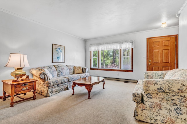 carpeted living room with crown molding and a baseboard radiator