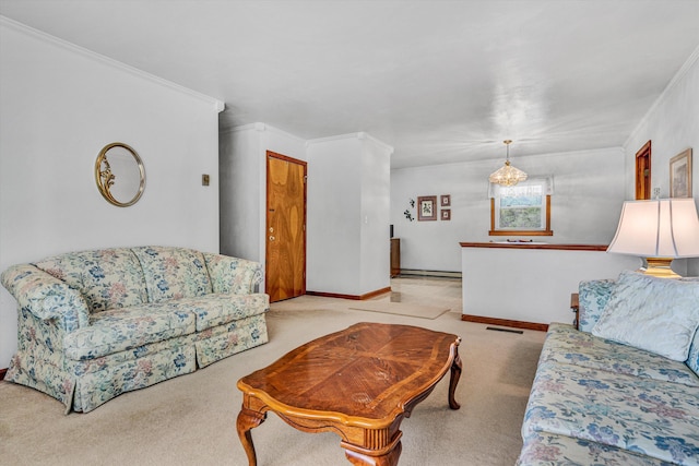 living area featuring carpet flooring, crown molding, a baseboard heating unit, and visible vents