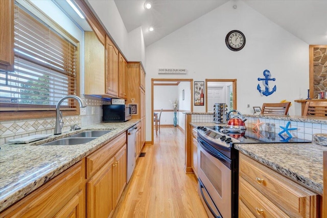 1165 Joffrey Dr, Huddleston, VA 24104 - kitchen with stainless steel appliances, a sink, light wood-style floors, tasteful backsplash, and light stone countertops