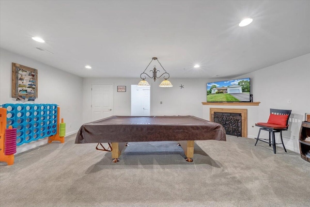 1165 Joffrey Dr, Huddleston, VA 24104 - rec room featuring carpet flooring, billiards table, recessed lighting, baseboards, and a fireplace