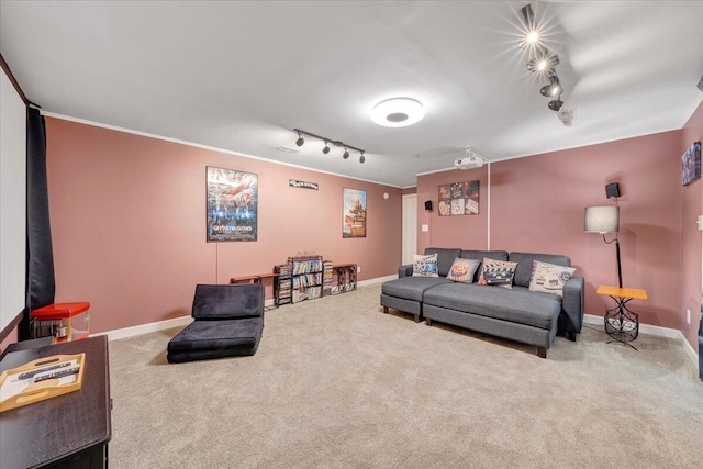 1165 Joffrey Dr, Huddleston, VA 24104 - living room with rail lighting, carpet flooring, ornamental molding, and baseboards