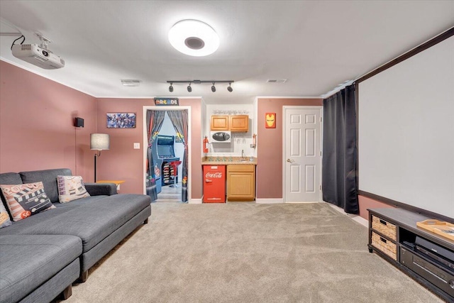 1165 Joffrey Dr, Huddleston, VA 24104 - living area with light colored carpet, baseboards, and bar