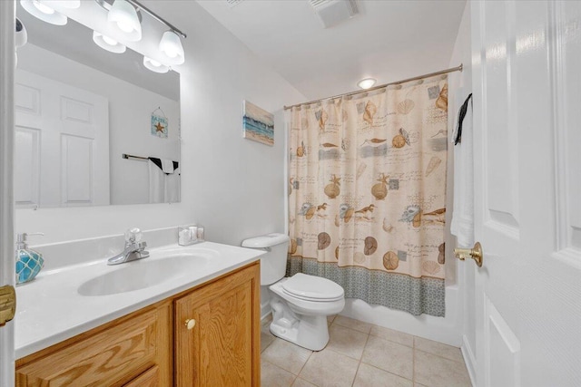 1165 Joffrey Dr, Huddleston, VA 24104 - bathroom featuring tile patterned floors, toilet, vanity, and shower / bath combo with shower curtain