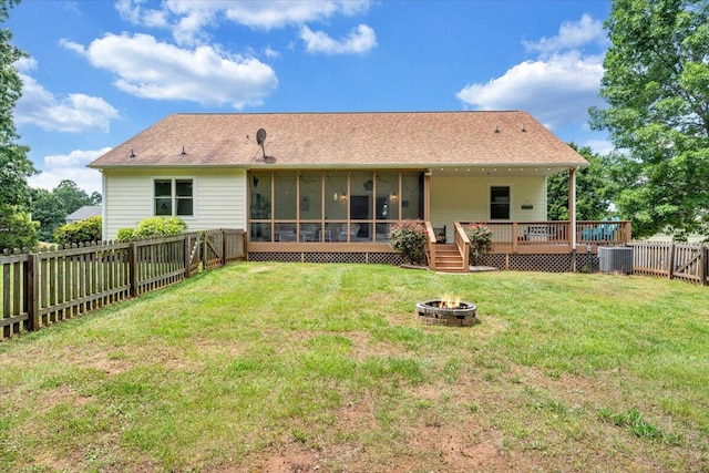 1165 Joffrey Dr, Huddleston, VA 24104 - rear view of property featuring an outdoor fire pit, a sunroom, a deck, and central AC unit